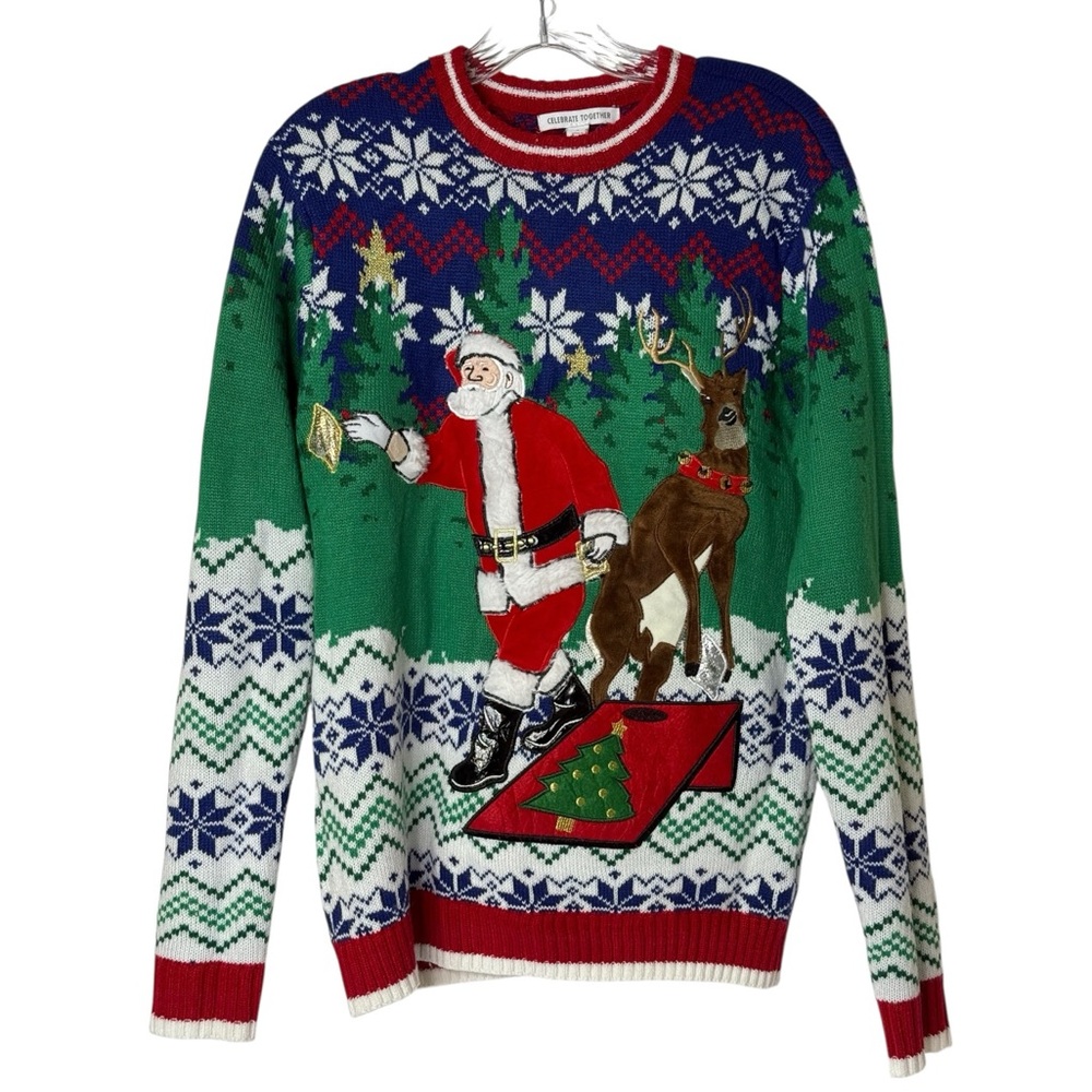 Celebrate Together Ugly‎ Christmas Sweater Fuzzy Santa Reindeer Unisex Small